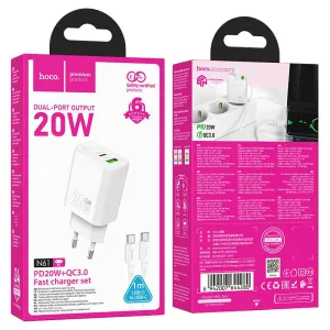 HOCO kucni punjac USB A + Type C + kabl Type C na Type C PD QC3.0 3A 20W N61 beli