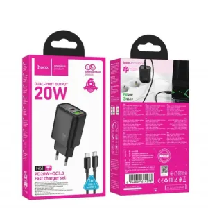 HOCO kucni punjac USB A + Type C + kabl Type C na Type C PD QC3.0 3A 20W N61 crni